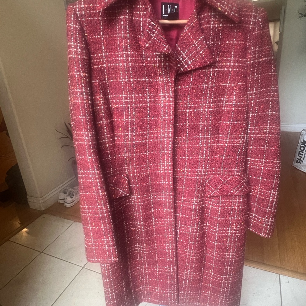 INC International Concepts Women's Red and White Plaid Coat